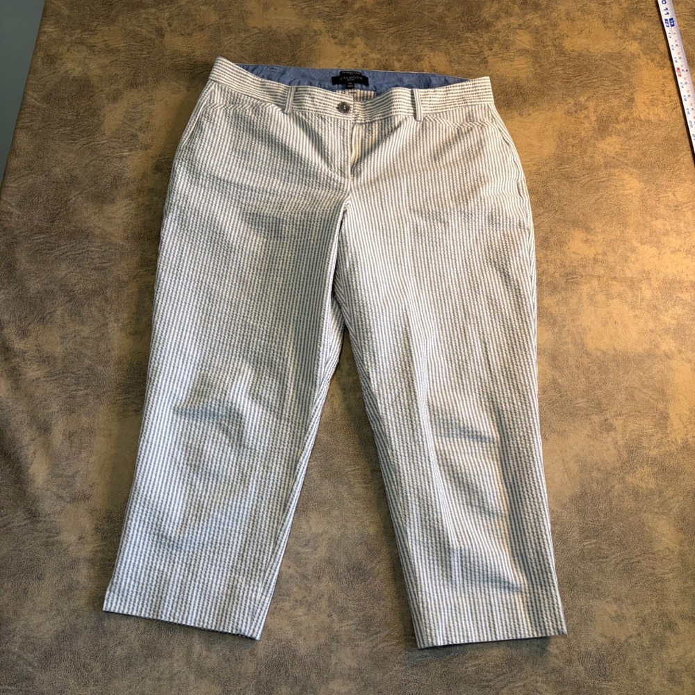 Talbots The Perfect Crop Curvy Pants‎ Womens 14P Blue Seersucker Striped Cotton